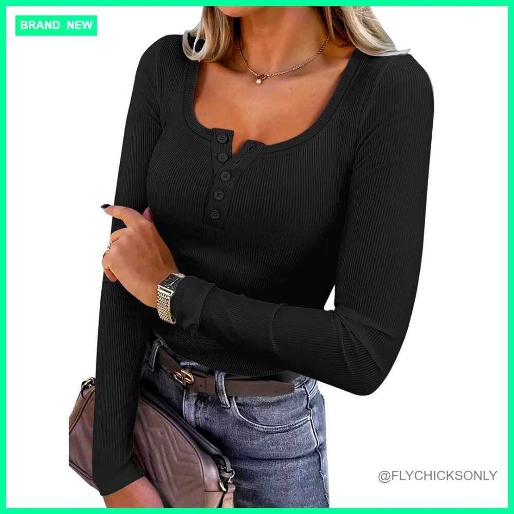 Slim Fit Long Sleeve Henley Top Ribbed Knit Tee Rayon Blend